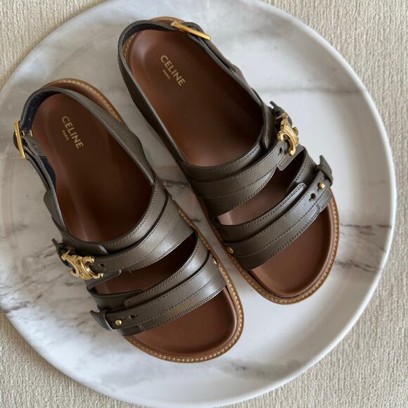Celine Tippi Triomphe Sandal Calfskin Leather Dark Olive Size 36 - Picture 1 of 8